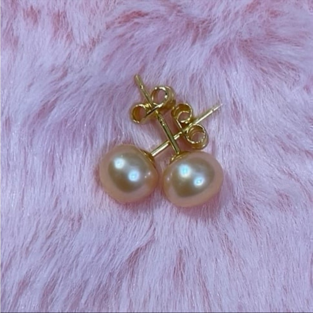 7-8mm 14K Yellow Gold Plated Natural Pink Gold South Sea Pearl Stud Earrings